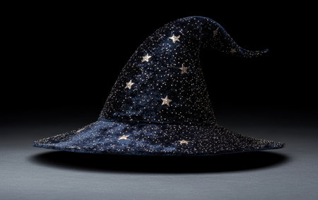 Enchanting blue wizard hat with silver stars.の素材