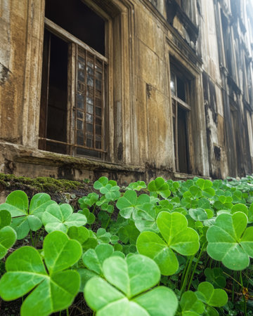 Overgrown shamrocks before an aged, abandoned building.の素材