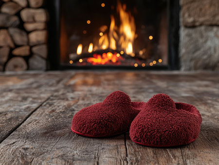 Cozy slippers rest by a warm fireplace at home.の素材