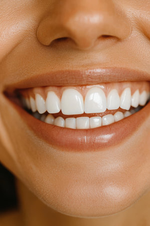 Radiant smile with perfect white teeth and glossy lips.の素材