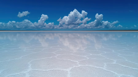 Surreal landscape of a vast salt flat reflecting clouds.の素材