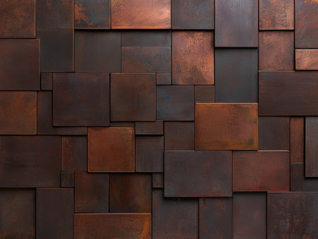 Abstract wall art with textured copper and brown tiles.の素材