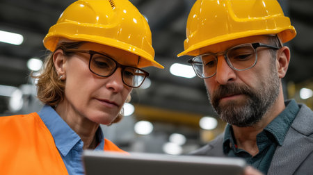 Focused engineers in hard hats review digital tablet data.の素材
