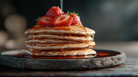 Stack of pancakes with strawberries and dripping maple syrup.の素材