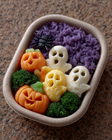 Spooky Halloween bento box with rice and vegetables.の素材