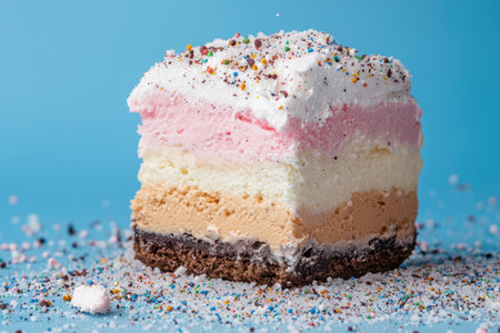 Colorful layered dessert with sprinkles on a blue background.の素材