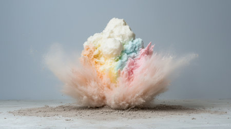 Colorful powder explosion with rainbow hues on gray background.の素材