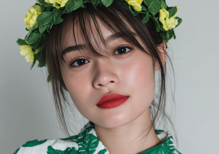 Serene Asian woman with floral crown and red lips.の素材
