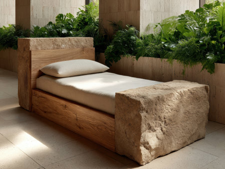 Rustic stone and wood bed in natural setting.の素材