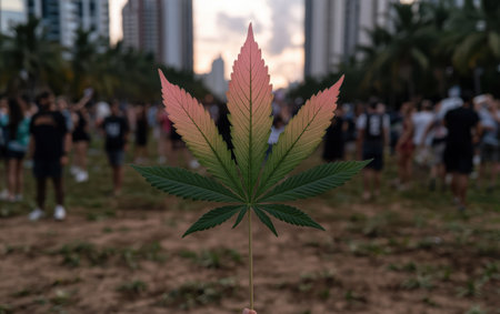 Cannabis leaf held up at outdoor gathering.の素材