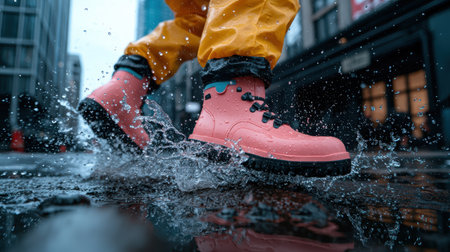 Person in bright yellow raincoat walking through a puddle.の素材