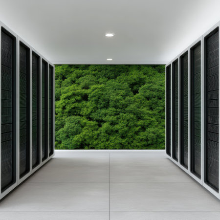 Modern server room with green nature view.の素材