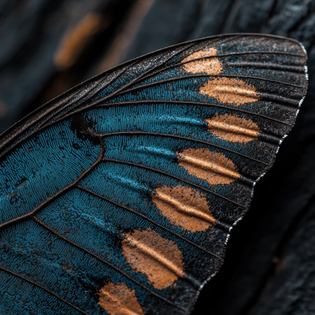 Detailed macro of a vibrant butterfly wing.の素材