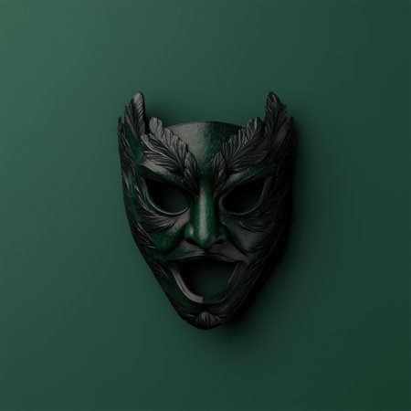 Dramatic green theatrical mask with leaf details on background.の素材