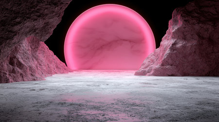 Abstract pink portal with rocky landscape and black background.の素材