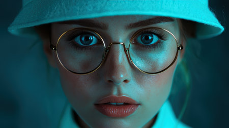 Intense portrait of a woman with round glasses.の素材