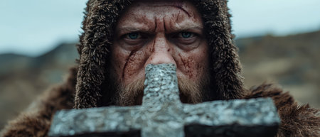 Intense viking warrior with scars holding stone cross.の素材