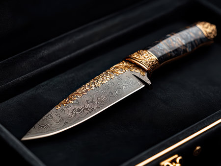 Ornate damascus steel knife with gold embellishments in box.の素材