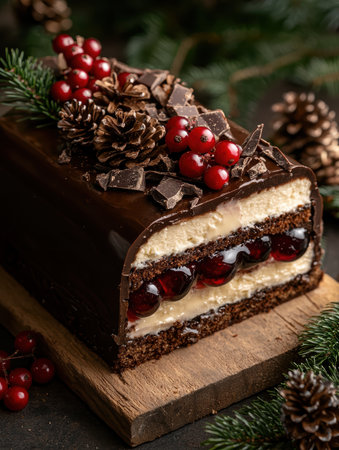 Festive chocolate yule log cake with cherries.の素材