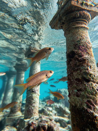 Golden fish swim near ancient underwater columns.の素材
