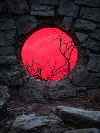 Ominous red sky seen through a stone archway.の素材