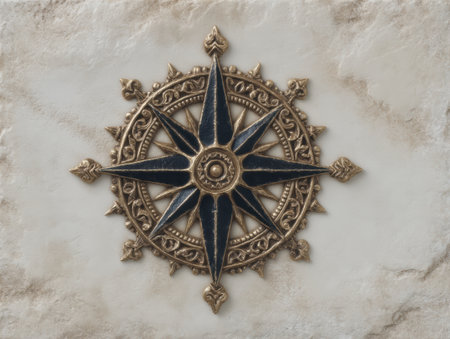 Ornate compass rose with golden filigree on textured background.の素材