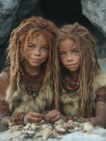 Two young indigenous girls with striking blue eyes.の素材