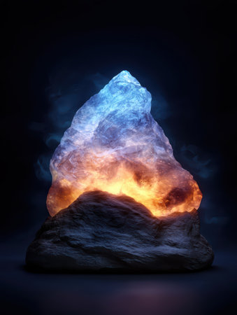Mystical rock formation with glowing blue and orange light.の素材