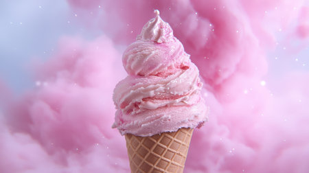 Whimsical pink ice cream cone against dreamy background.の素材