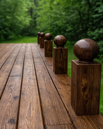 Wet wooden deck with decorative ball post caps.の素材