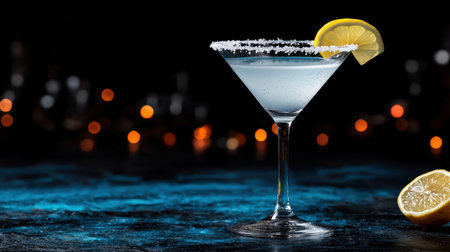Elegant martini cocktail with sugared rim and lemon garnishの素材