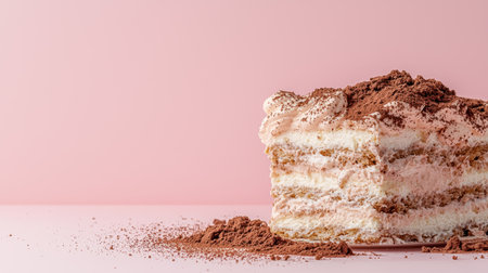 Delicious tiramisu cake slice with cocoa powder dustingの素材