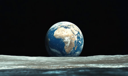 Earth rising over the lunar surface, space view.の素材