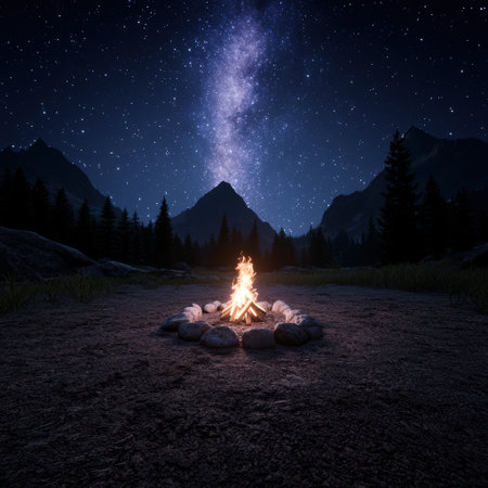 Campfire crackling under a starry night sky.の素材