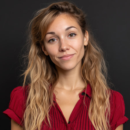 Smiling woman with long blonde hair and red shirtの素材