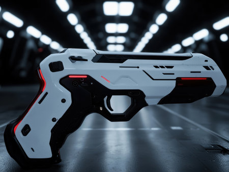 Futuristic white and black sci-fi pistol weapon.の素材