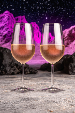 Two glasses of sparkling wine on a cosmic backdrop.の素材