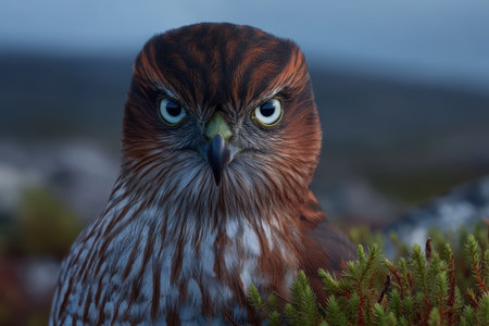 Intense Cooper's hawk stares intently at the camera.の素材