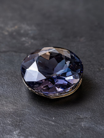 Faceted purple gemstone with golden setting on dark surface.の素材