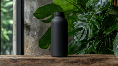 Sleek black water bottle stands against a leafy backdrop.の素材