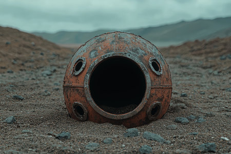 Abandoned rusty metal sphere with holes in desolate landscape.の素材