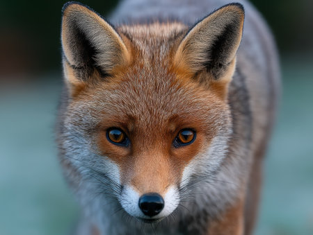 Intense portrait of a red fox staring ahead.の素材