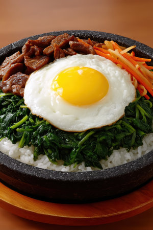 Bibimbap with fried egg and vegetables in bowl.の素材