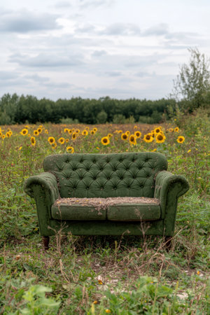 Vintage green couch sits in a sunflower field.の素材