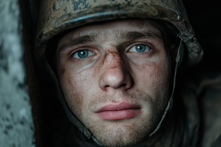 Distressed soldier with piercing blue eyes stares intensely forward.の素材