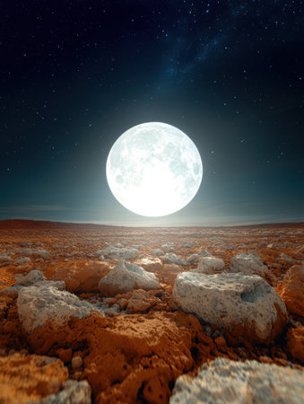 Surreal lunar landscape with rocks under starry sky.の素材