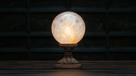 Glowing crystal ball on ornate stand, divination concept.の素材
