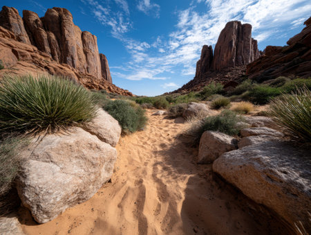 Scenic desert landscape with sandstone formations and blue sky.の素材