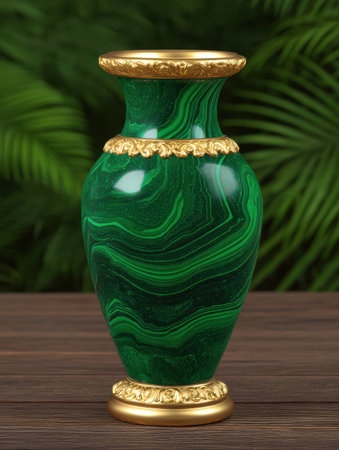 Elegant malachite vase with gold trim on table.の素材
