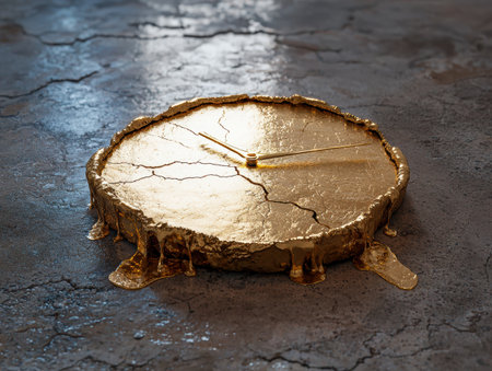 Surreal melting golden clock on cracked surface, time conceptの素材